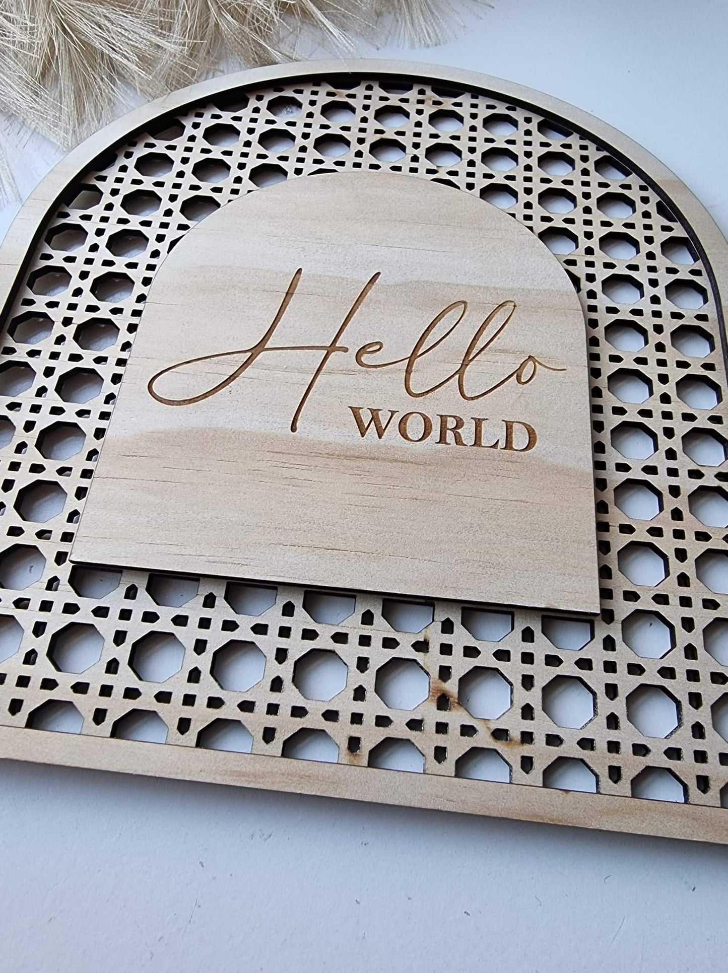 Hello World Rattan Baby Announcement