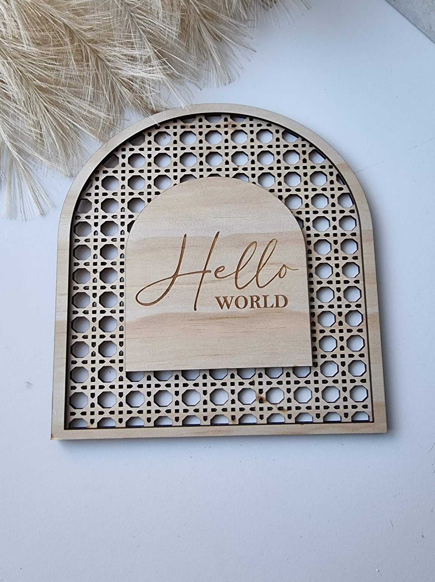 Hello World Rattan Baby Announcement